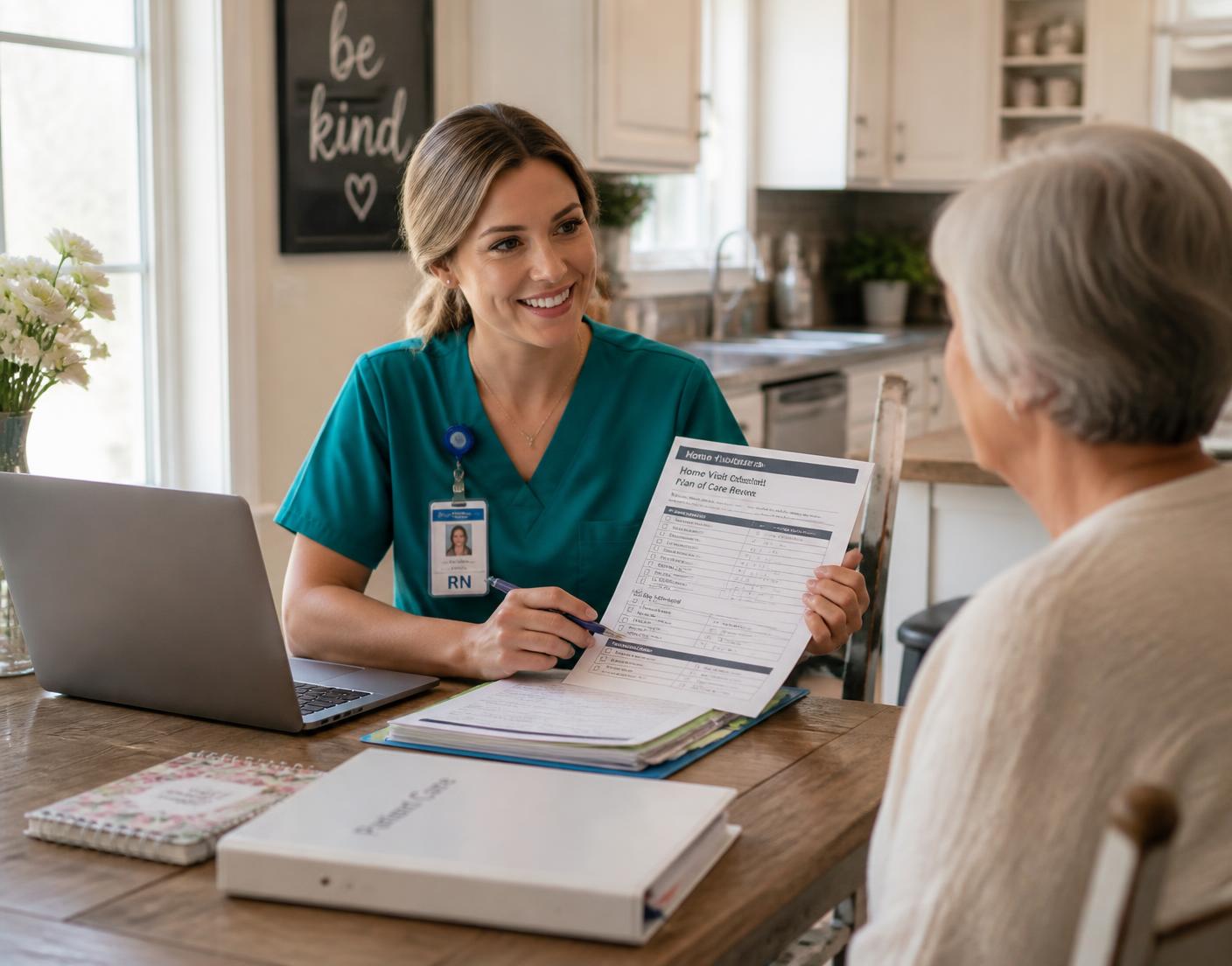 Home health nurse charting at a patient's kitchen table