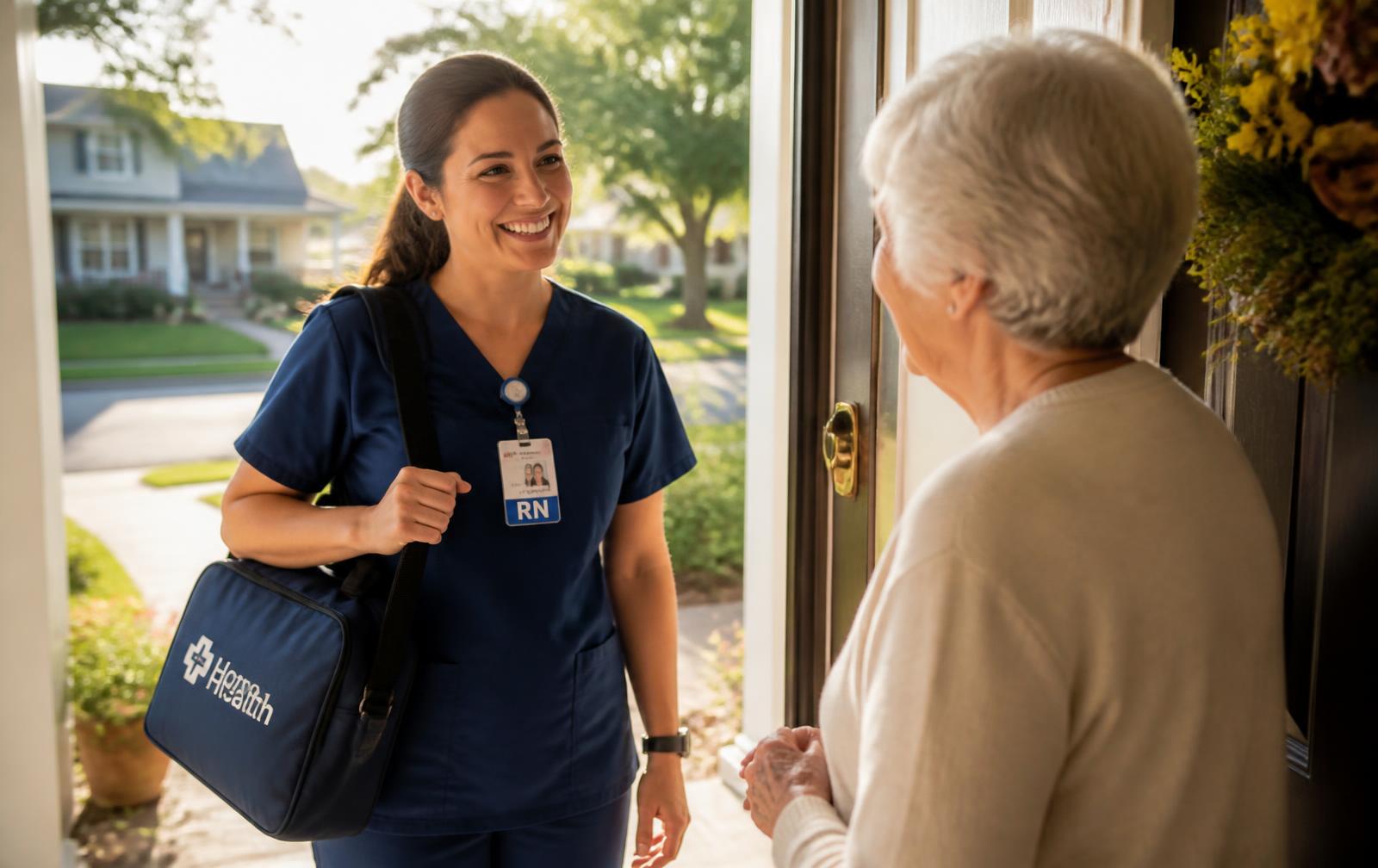 Home health nurse arriving for a patient visit with her bag and documentation